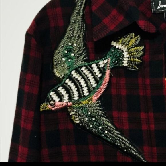 Sam Edelman Shirt Red Plaid Patch Embellished Plaid Sacket - Picture 7 of 9